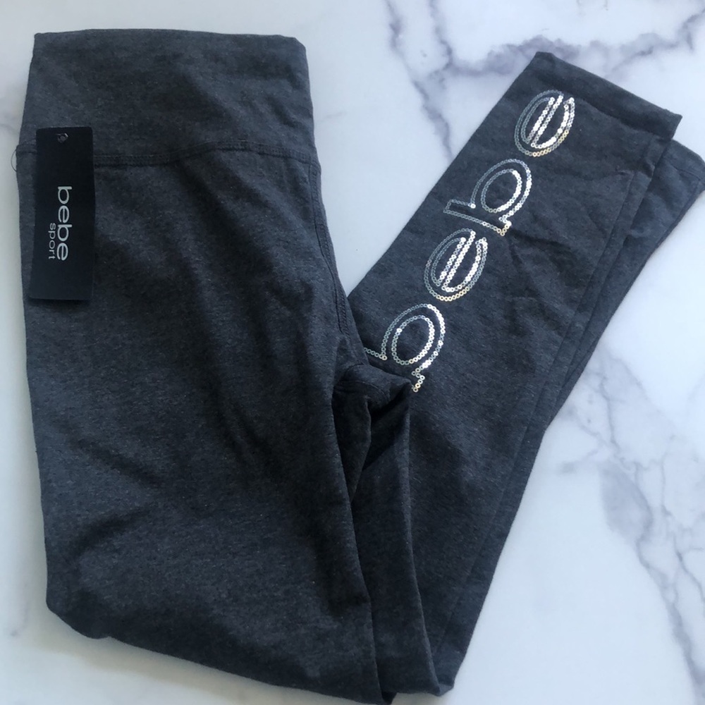 Bebe Sport Gray Leggings Sequin Logo Size XL NWT